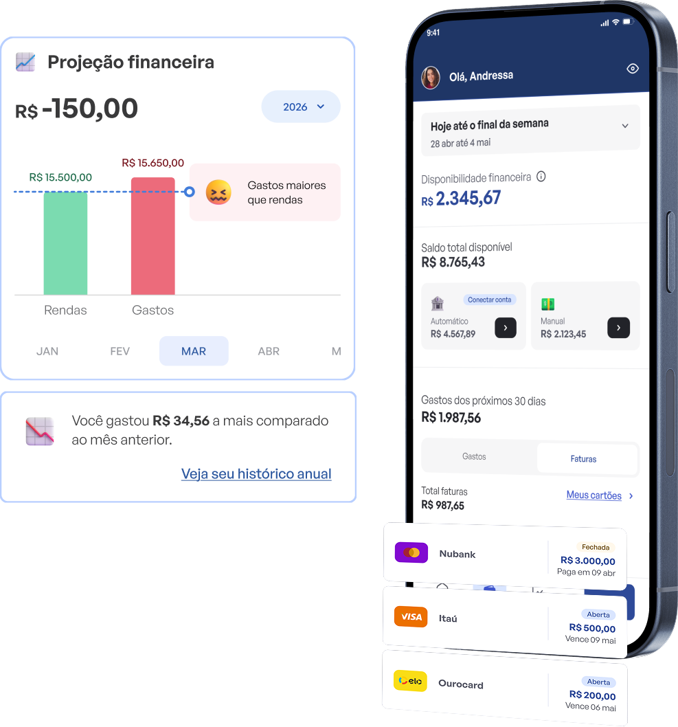 Telas do app com projeção financeira, saldo e faturas de cartões conectados ao Open Finance